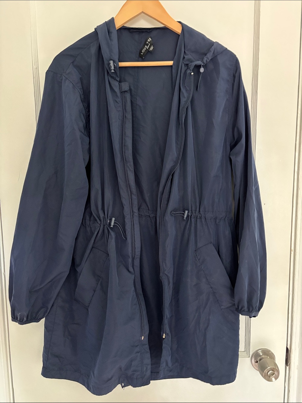 Love Tree Longline Navy Blue Rain Jacket size Medium
